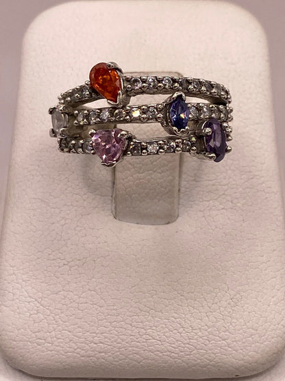 Anillo de Plata 925 con Zirconias Multicolor Diseño Triple Banda Elegante, vista frontal