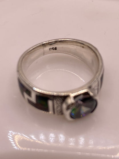 Anillo de Plata .950 con Ópalo de Fuego y Zirconia Multicolor Diseño Greca, sello de autenticidad Plata Ley .925