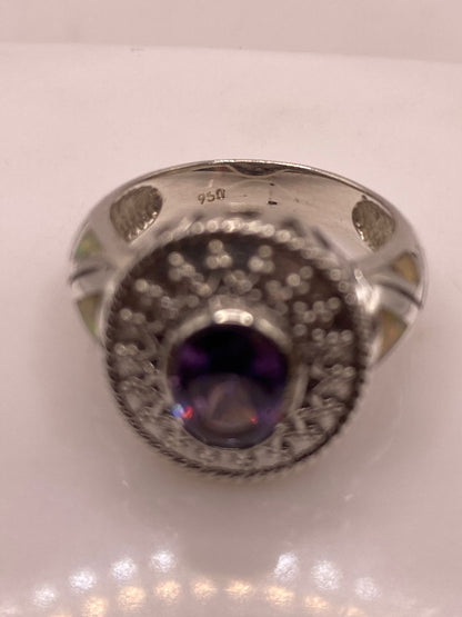 Anillo de Plata .950 con Zirconia Violeta y Ópalo de Fuego Diseño Real, sello de autenticidad Plata Ley .925