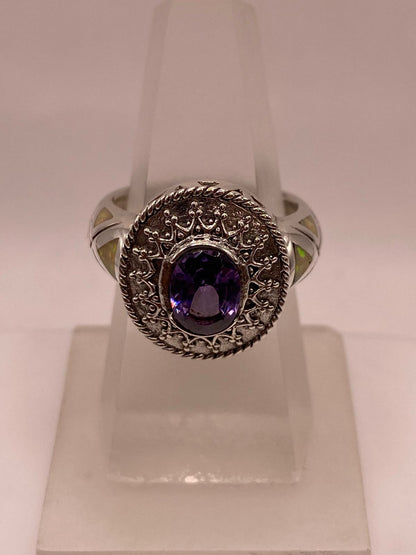 Anillo de Plata .950 con Zirconia Violeta y Ópalo de Fuego Diseño Real, vista lateral