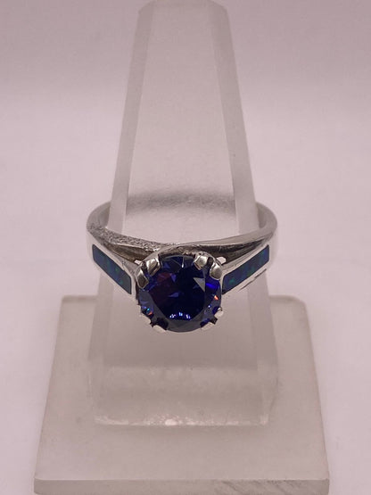 Anillo Solitario Ópalo Azul & Zirconia Tanzanita Plata 950, vista lateral