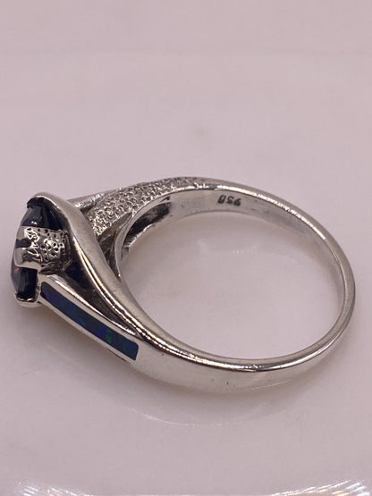 Anillo Solitario Ópalo Azul & Zirconia Tanzanita Plata 950, sello de autenticidad Plata Ley .925