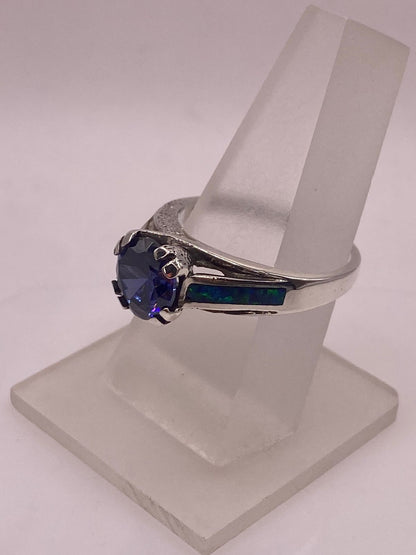 Anillo Solitario Ópalo Azul & Zirconia Tanzanita Plata 950, vista frontal