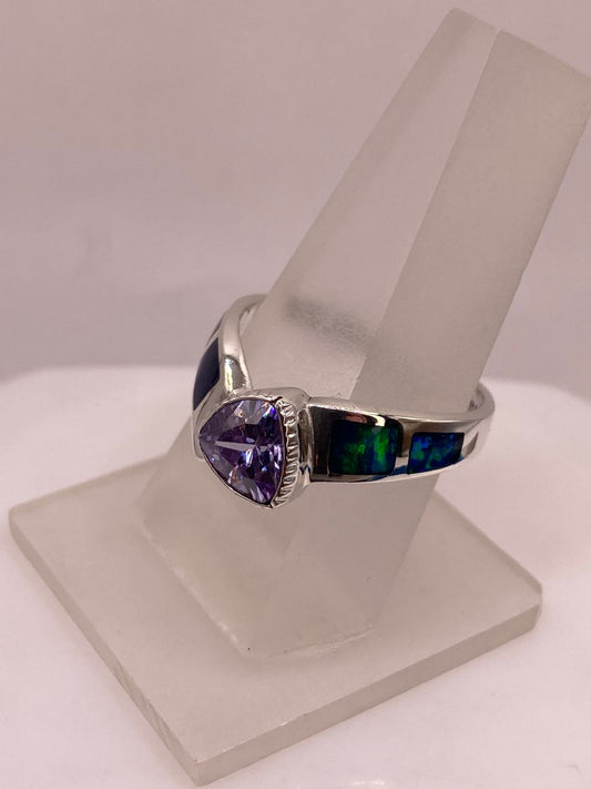 Anillo Solitario de Plata Ley 950 con Ópalo de Fuego y Zirconia, vista frontal
