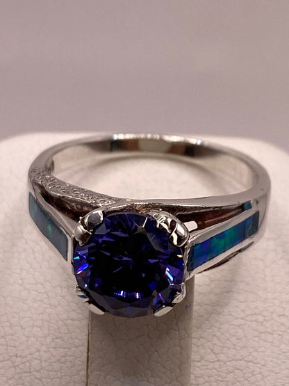 Anillo Solitario de Plata Ley 950 con Ópalo de Fuego y Zirconia Azul, vista superior