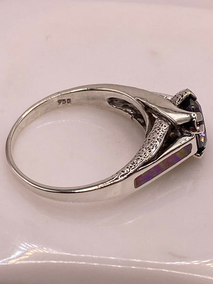 Anillo Solitario de Plata Ley 950 con Ópalo de Fuego y Zirconia Multicolor, sello de autenticidad Plata Ley .925