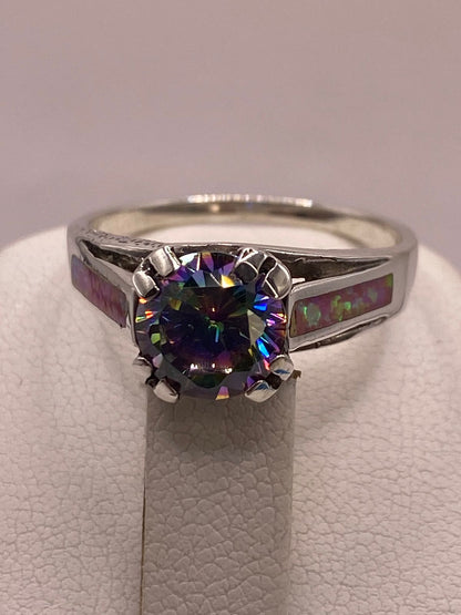 Anillo Solitario de Plata Ley 950 con Ópalo de Fuego y Zirconia Multicolor, vista superior