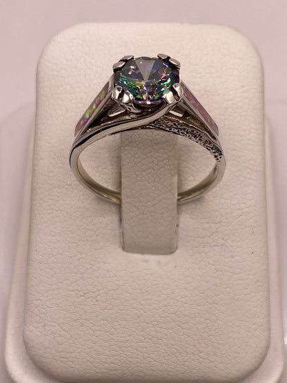 Anillo Solitario de Plata Ley 950 con Ópalo de Fuego y Zirconia Multicolor, vista lateral