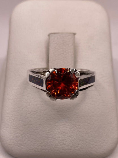Anillo Solitario de Plata Ley 950 con Ópalo de Fuego y Zirconia Naranja, vista frontal