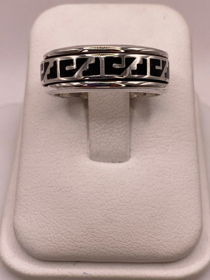 Anillo Spinner de Plata .925 con Greca Azteca — vista lateral