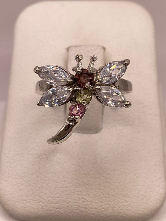 Anillo Tipo Libélula con Zirconias Multicolor en Plata Ley 925, vista frontal