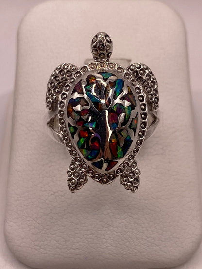 Anillo Tortuga de Plata Ley 950 con de Fuego Ópalo Multicolor — detalle de acabado