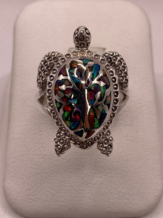 Anillo Tortuga de Plata Ley 950 con de Fuego Ópalo Multicolor — detalle de acabado