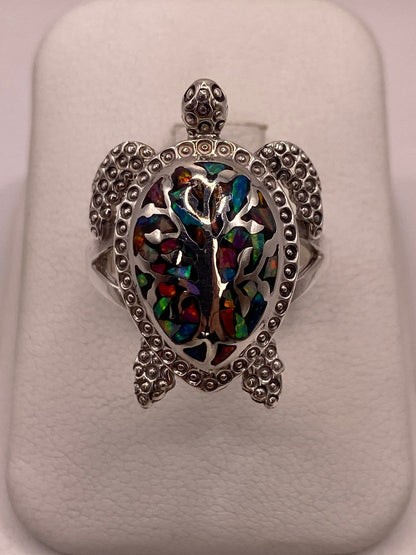 Anillo Tortuga de Plata Ley 950 con de Fuego Ópalo Multicolor, vista de detalle