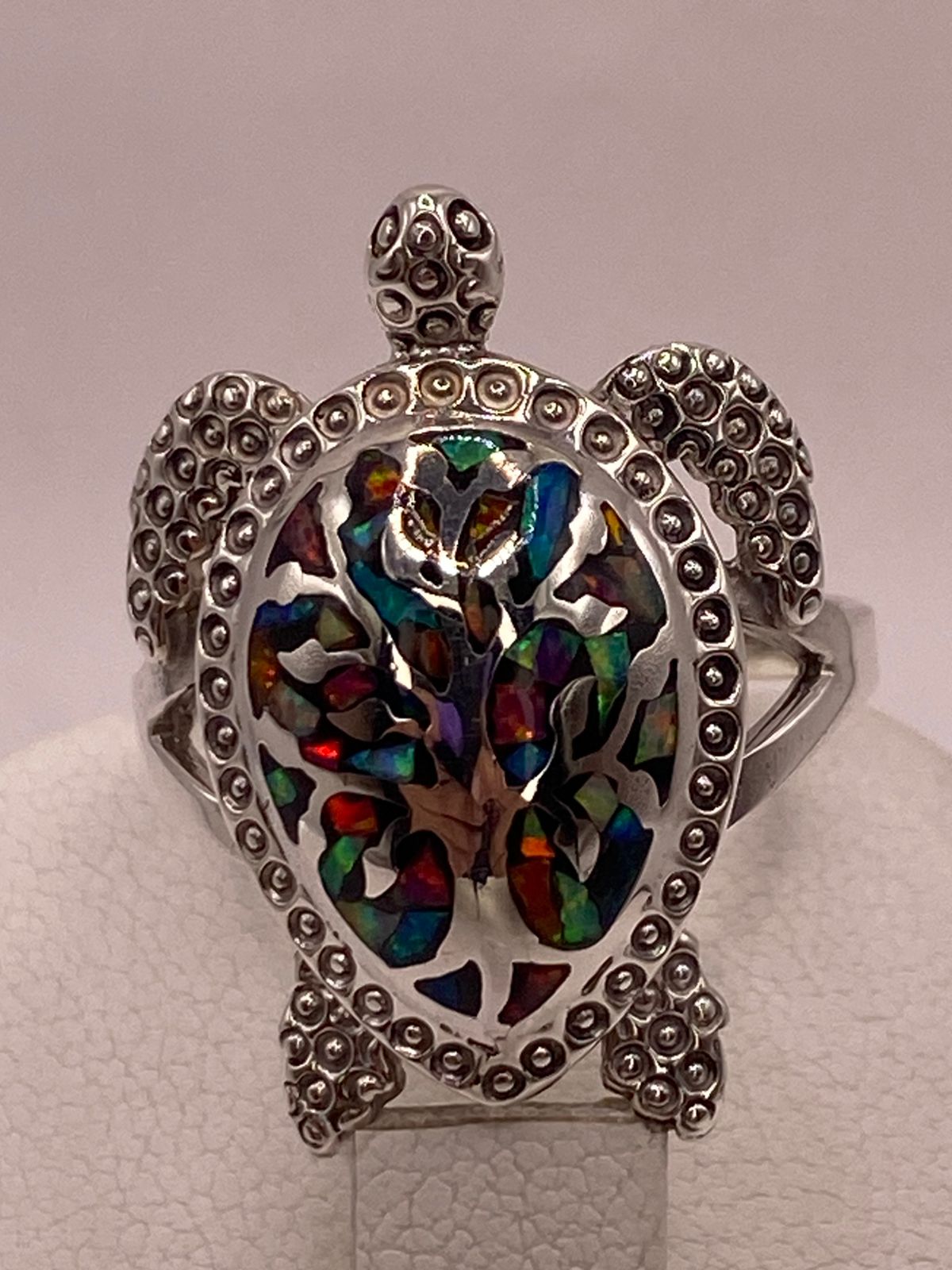 Anillo Tortuga de Plata Ley 950 con de Fuego Ópalo Multicolor, vista superior
