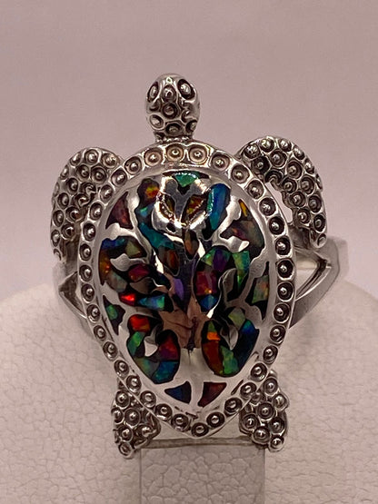 Anillo Tortuga de Plata Ley 950 con de Fuego Ópalo Multicolor, vista superior