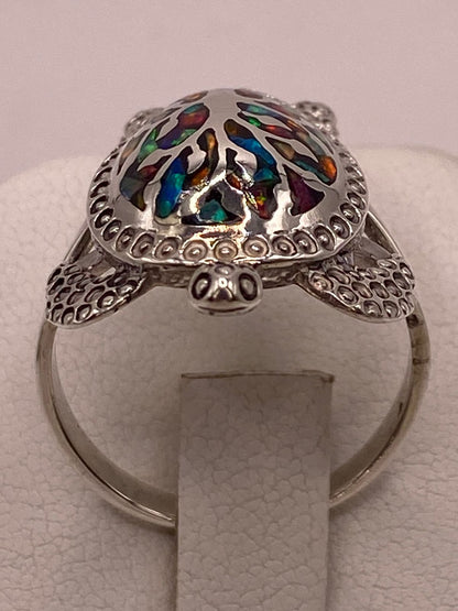 Anillo Tortuga de Plata Ley 950 con de Fuego Ópalo Multicolor, vista posterior