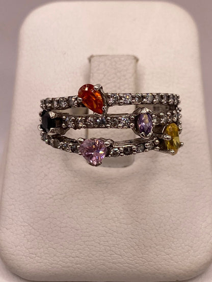 Anillo Triple Banda Multicolor con Zirconias en Plata Ley 925, vista frontal