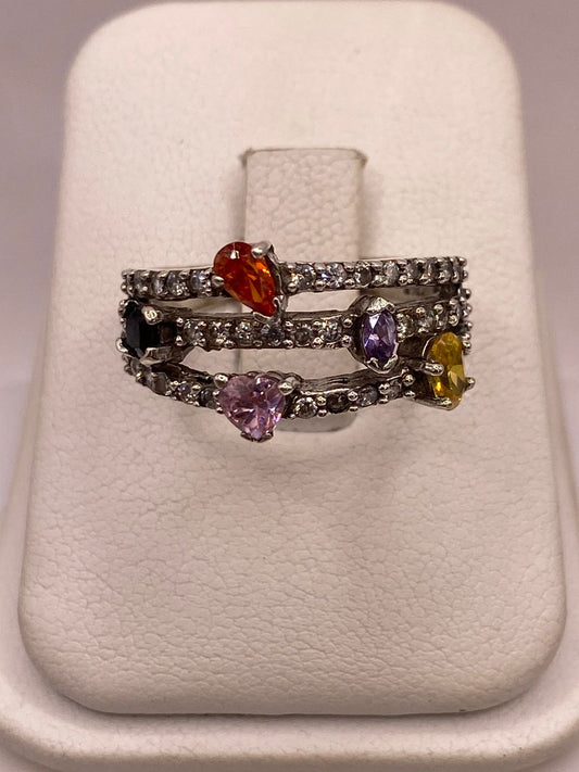 Anillo Triple Banda Multicolor con Zirconias en Plata Ley 925 — ángulo diagonal