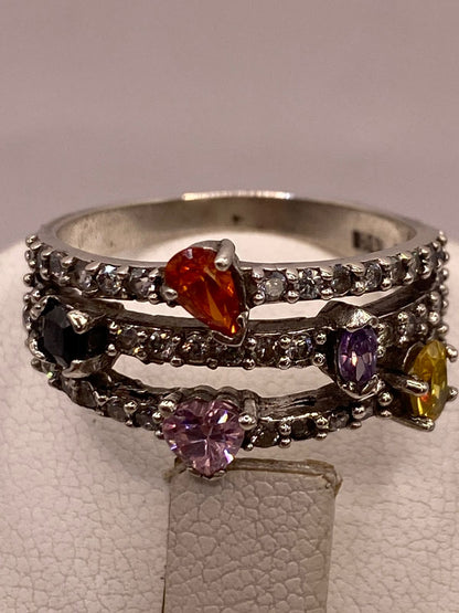 Anillo Triple Banda Multicolor con Zirconias en Plata Ley 925, sello de autenticidad Plata Ley .925