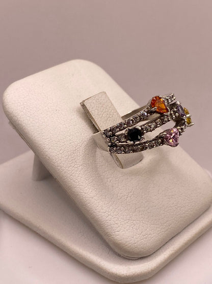 Anillo Triple Banda Multicolor con Zirconias en Plata Ley 925, vista lateral