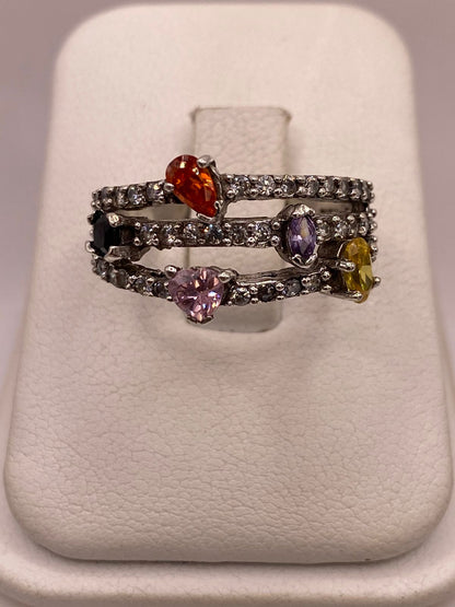 Anillo Triple Banda Multicolor con Zirconias en Plata Ley 925, vista de detalle