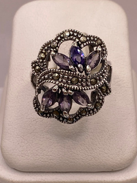 Anillo Vintage Floral con Zirconias Moradas y Marquesitas en Plata Ley 925 — imagen 9
