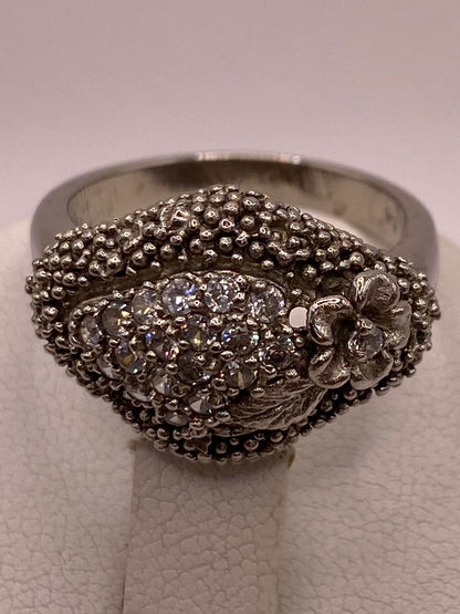 Anillo Vintage Floral con Zirconias en Plata Ley 925, sello de autenticidad Plata Ley .925