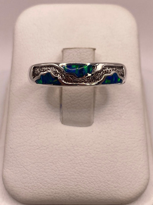 Argolla Ópalo de Fuego Azul-verde Ondas Artesanales Plata 950 — ángulo diagonal