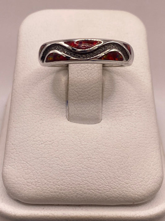 Argolla Ópalo de Fuego Rojo-naranja Ondas Artesanales Plata 950, vista frontal
