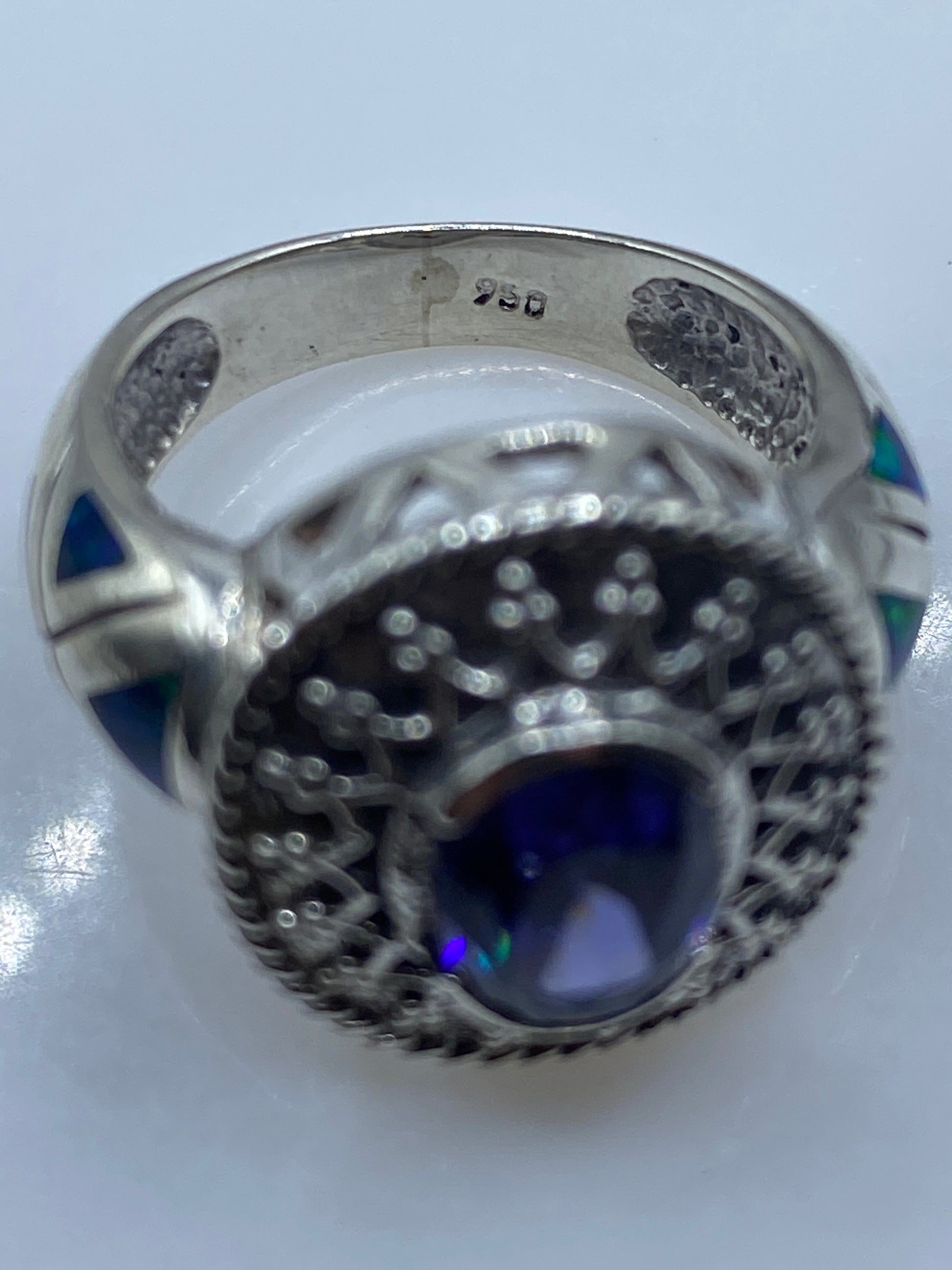 Anillo Solitario Ópalo de Fuego Azul — Plata .950 Taxco — foto 5