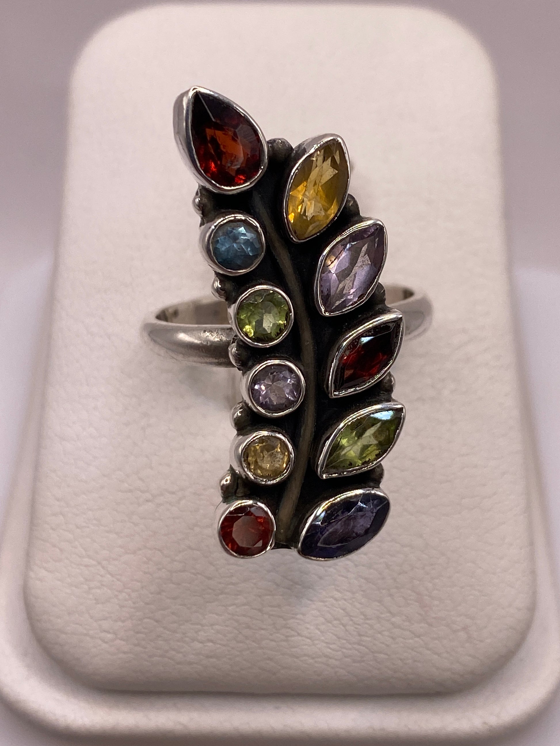 Anillo de plata con circonias multicolor en patrón vertical sobre fondo blanco