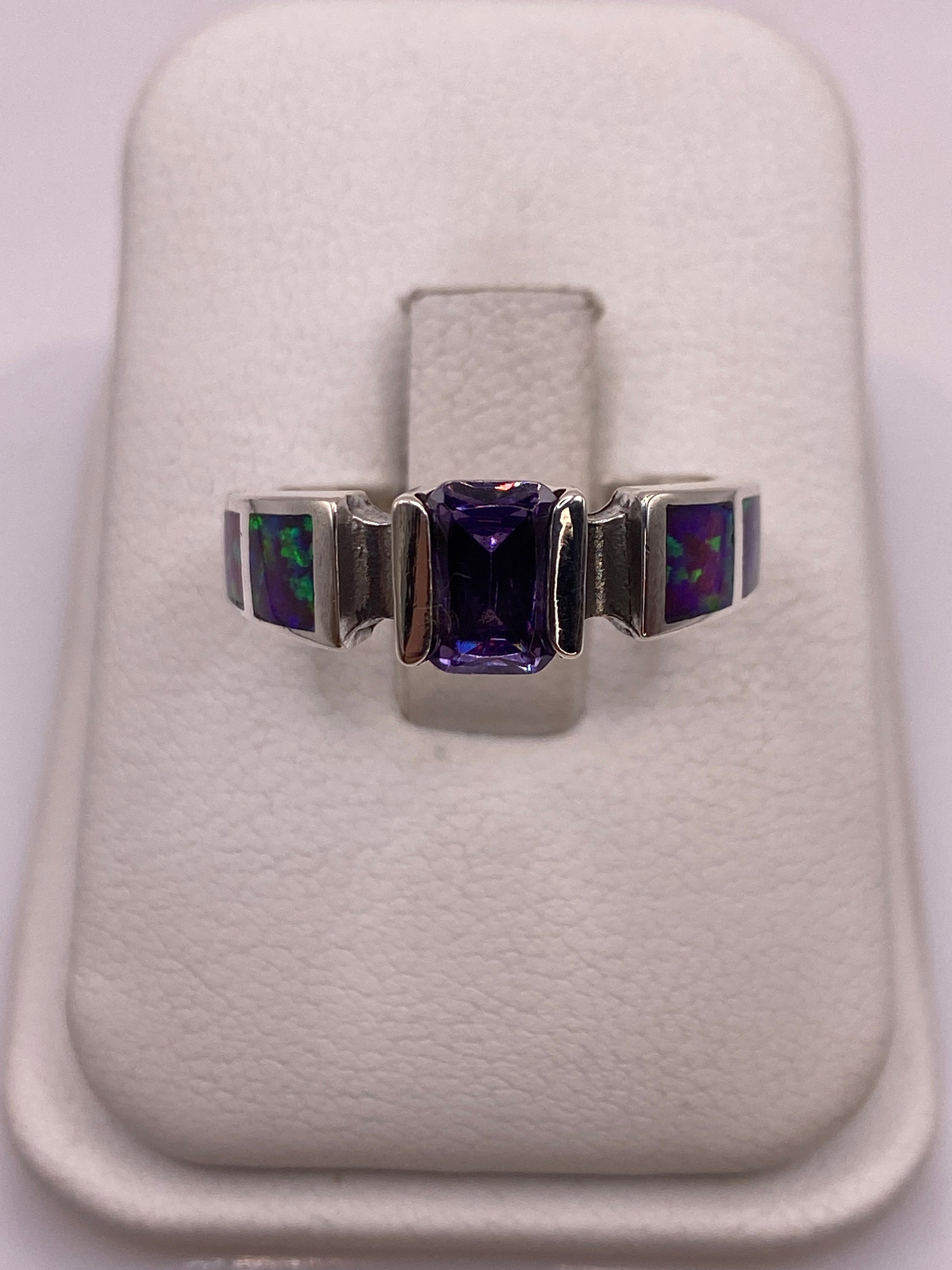 Anillo solitario plata .950 con ópalo de fuego multicolor frente a frente
