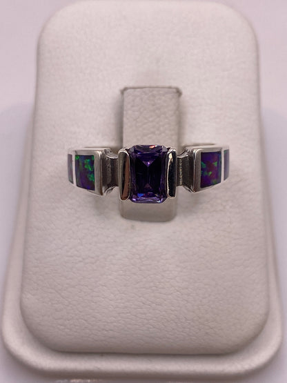 Anillo solitario plata .950 con ópalo de fuego multicolor frente a frente