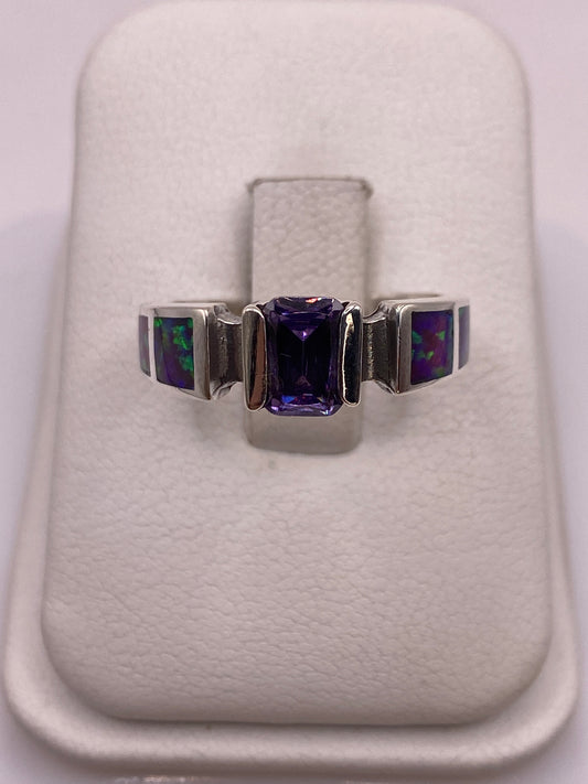 Anillo solitario plata .950 con ópalo de fuego multicolor frente a frente