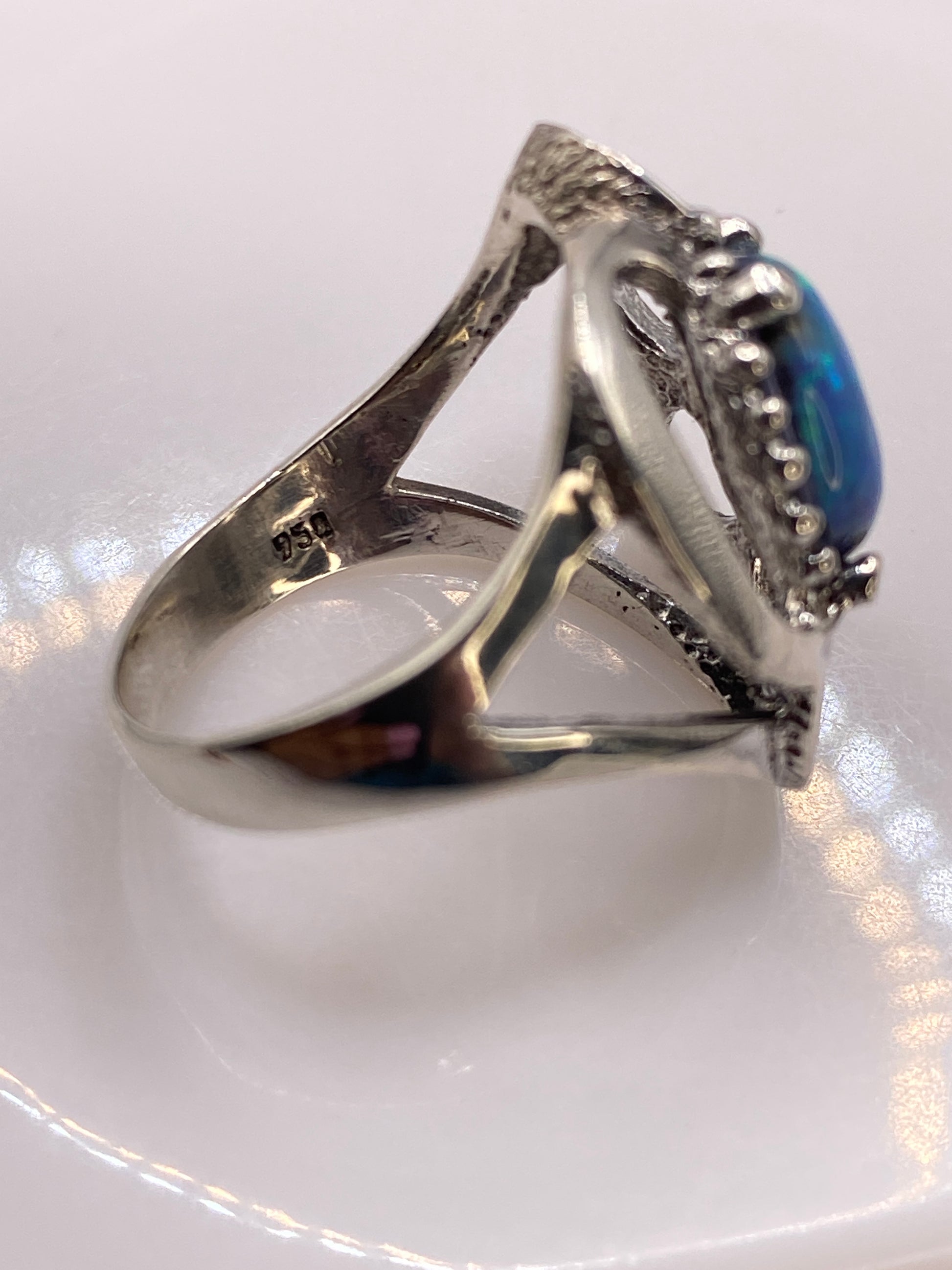 Anillo de Plata Ópalo de Fuego Azul Cielo — Pétalo Envolvente — foto 5
