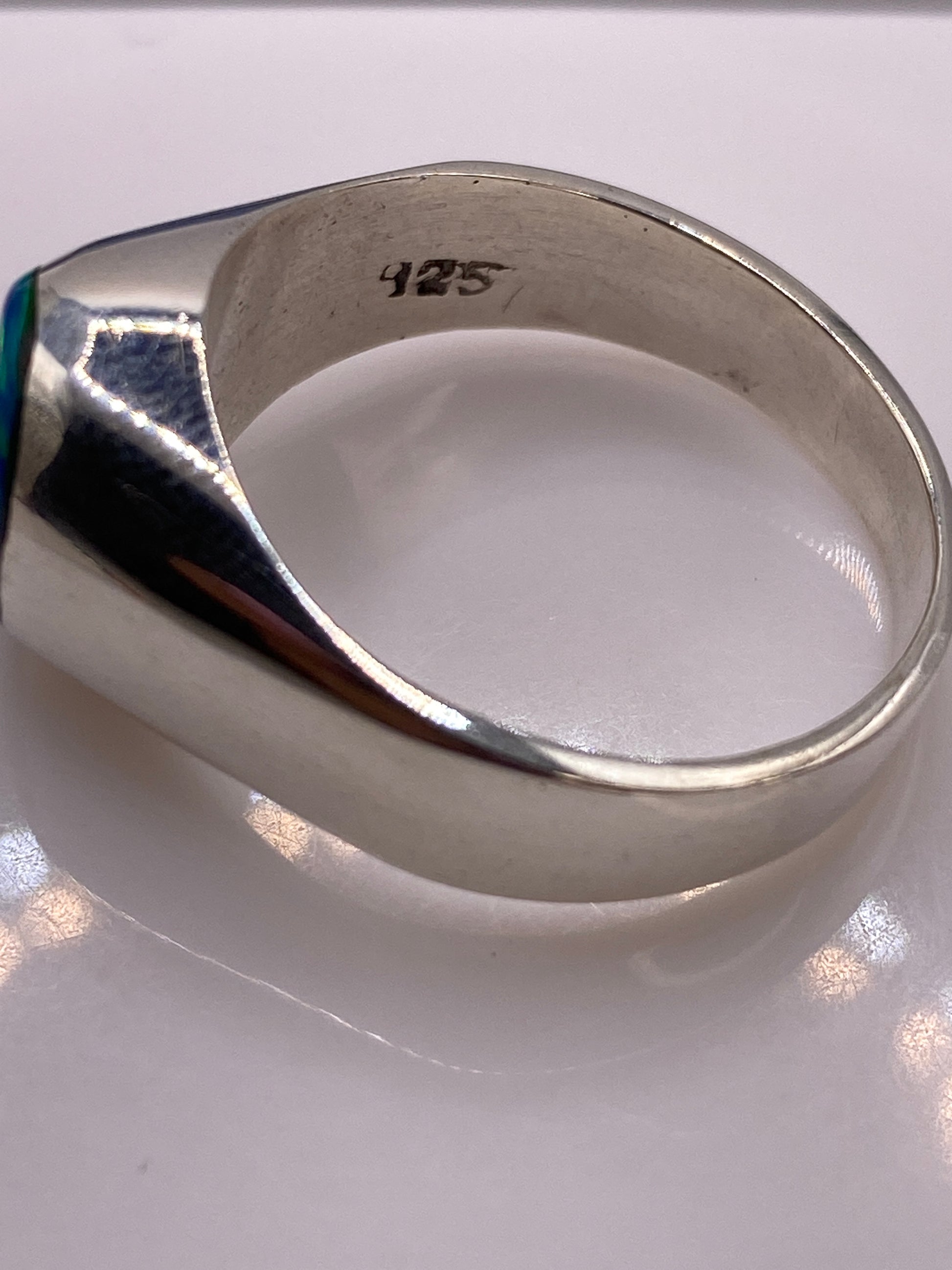 Anillo Solitario Plata Ópalo de Fuego Azul — Banda Ancha — foto 5