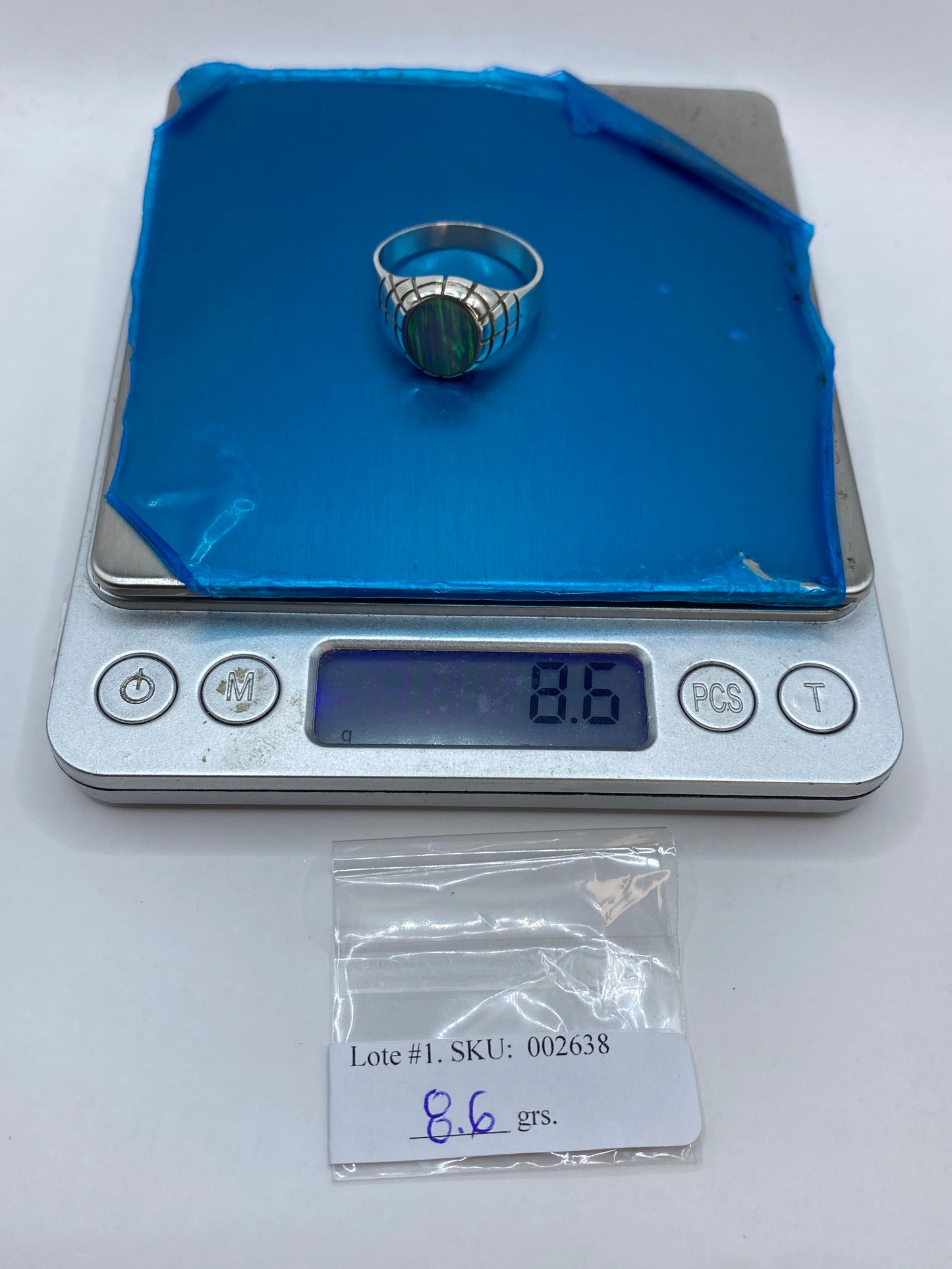 Anillo de Plata .950 Ópalo de Fuego Azul Cielo — Masivo Arquitectónico — foto 6