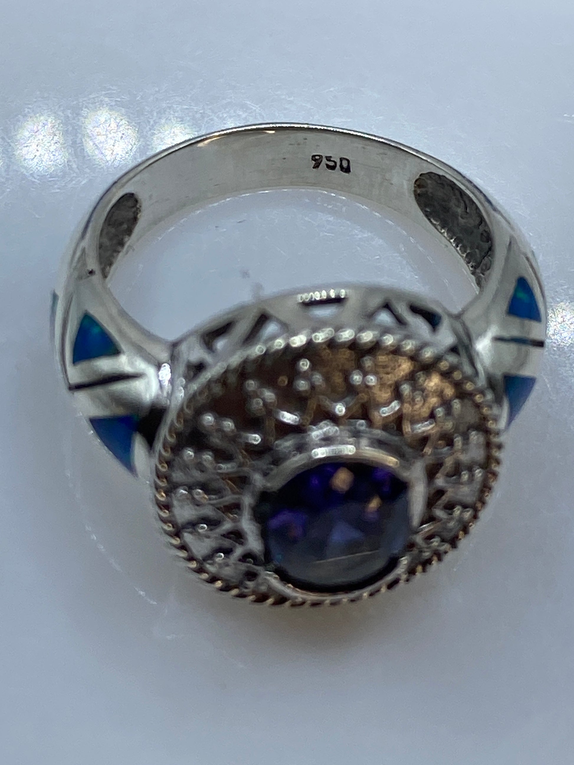 Anillo Ópalo de Fuego Azul en Plata .950 — Solitario Taxco — foto 5