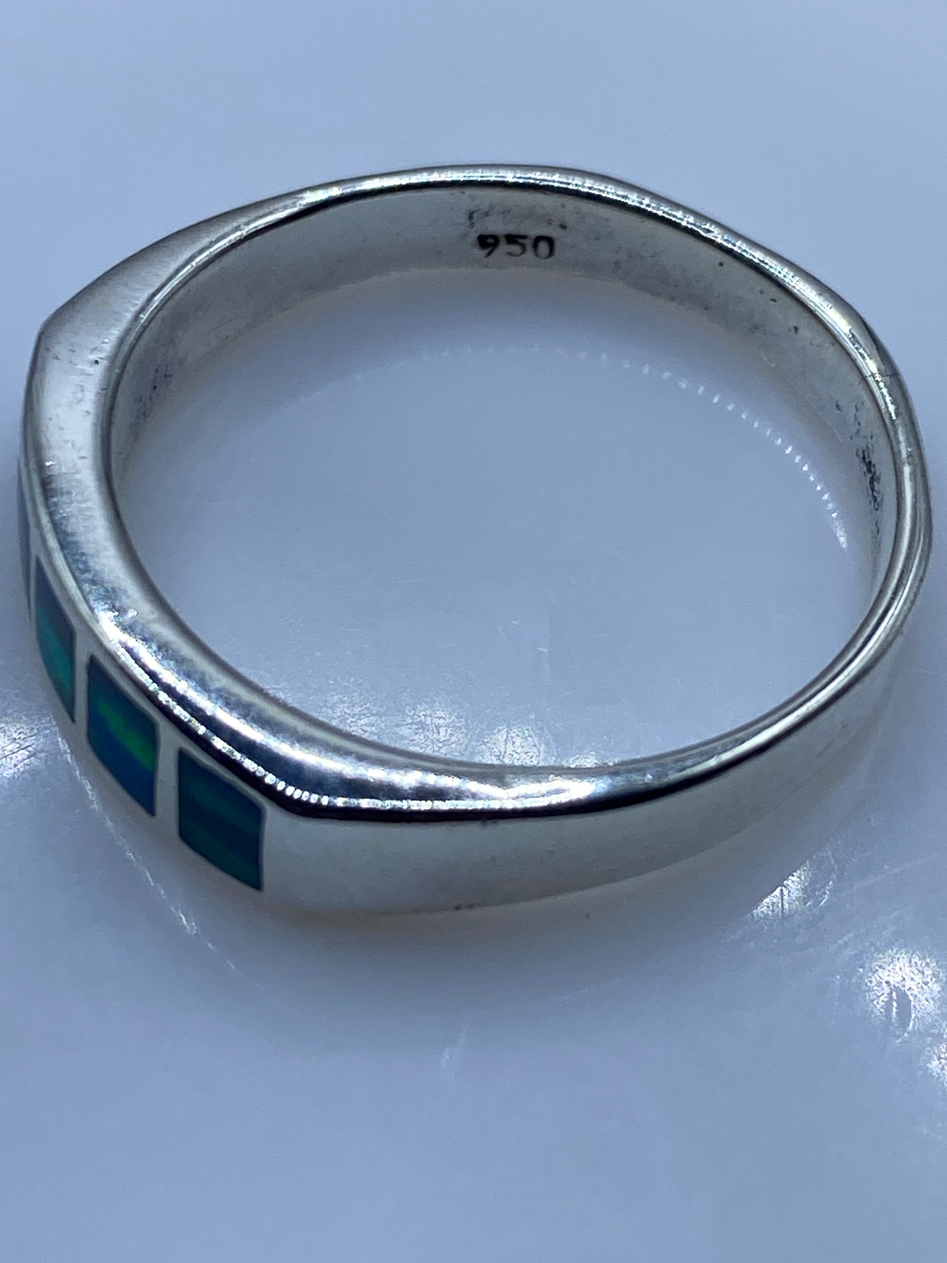 Anillo de Plata .950 Ópalo Fuego Azul Cielo — Banda Sólida — foto 5