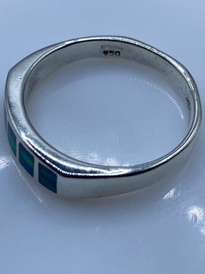 Anillo de Plata .950 Ópalo Fuego Azul Cielo — Banda Sólida — foto 5