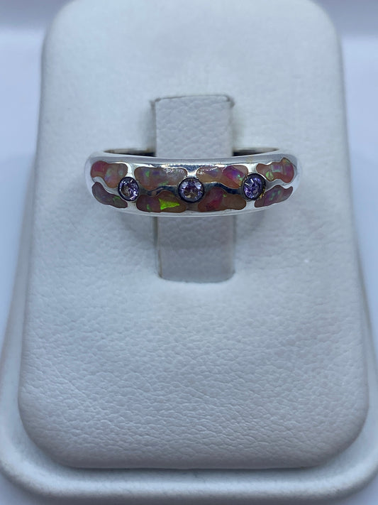 Anillo de plata .950 con ópalo de fuego rosa natural, frente