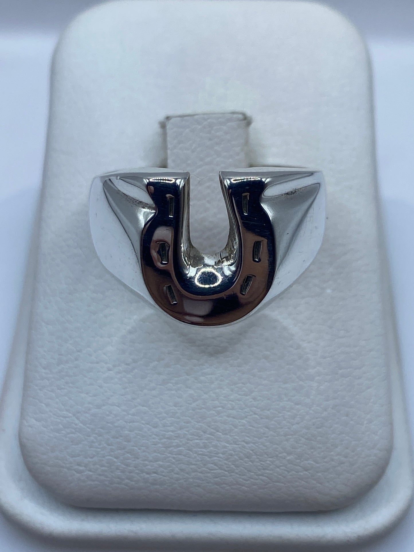 Anillo de plata herradura pulida sobre estuche blanco, vista frontal