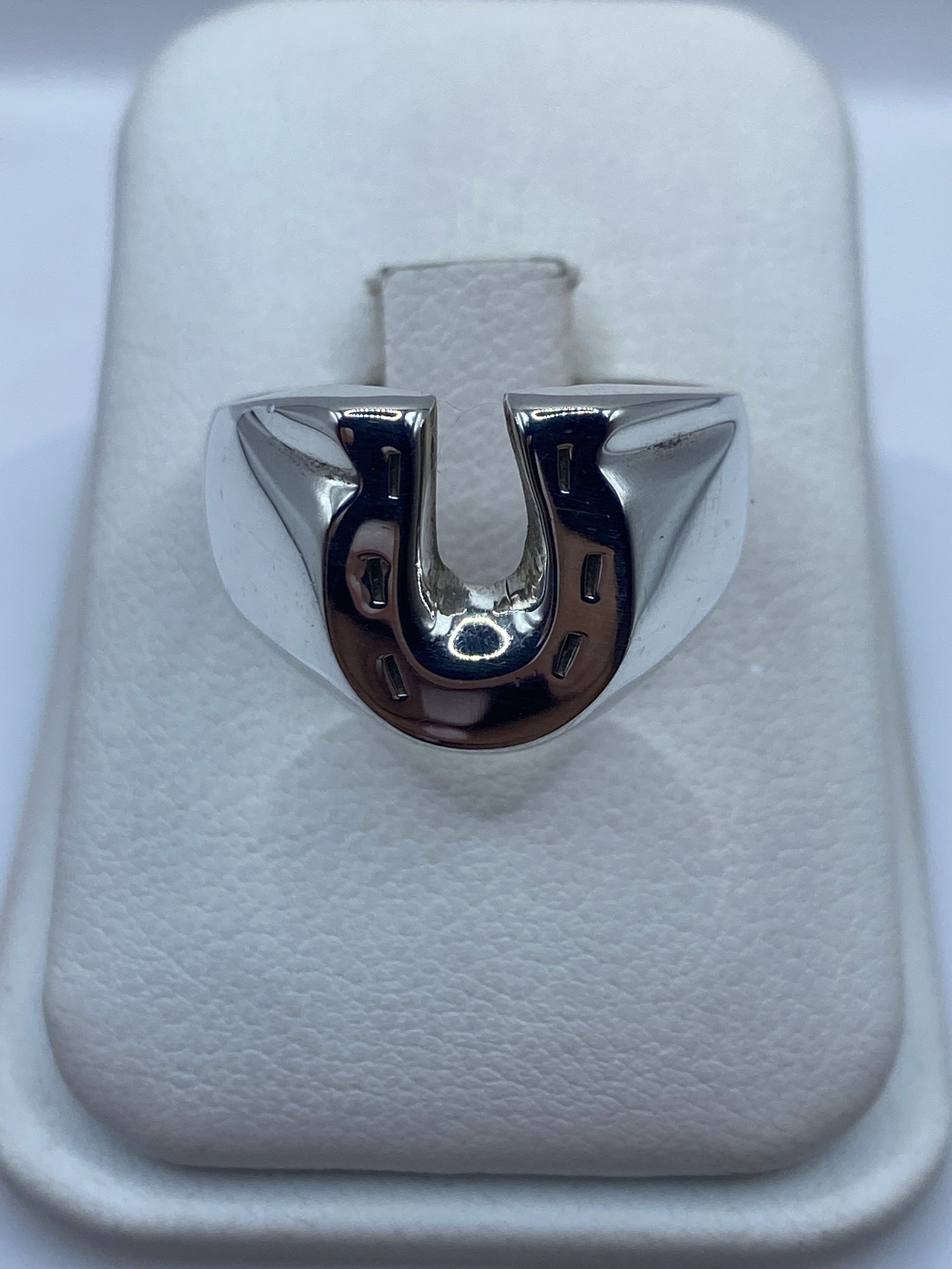 Anillo de plata herradura pulida sobre estuche blanco, vista frontal