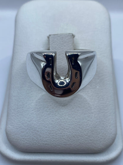 Anillo de plata herradura pulida sobre estuche blanco, vista frontal