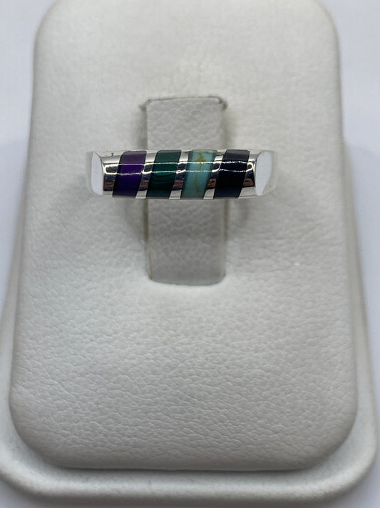 Anillo de plata .925 con turquesa natural multicolor en tono azul, verde y negro