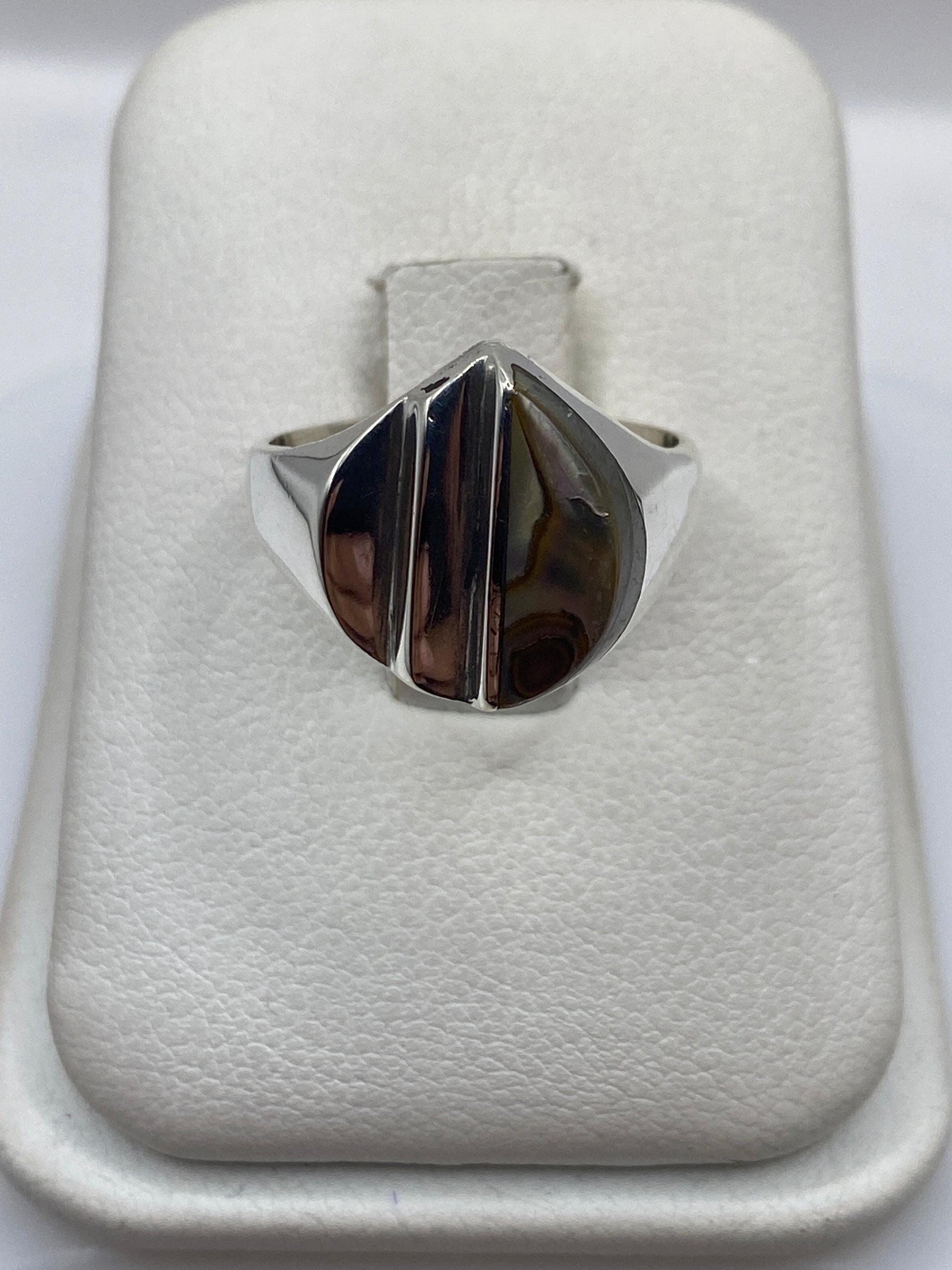 Anillo de plata gota con piedra natural en tonos marrones y verdes sobre estuche blanco