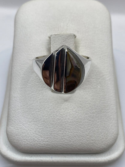 Anillo de plata gota con piedra natural en tonos marrones y verdes sobre estuche blanco