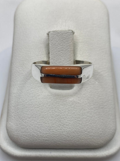 Anillo de plata .925 con piedra natural marrón, diseño minimalista de doble carril en estuche blanco