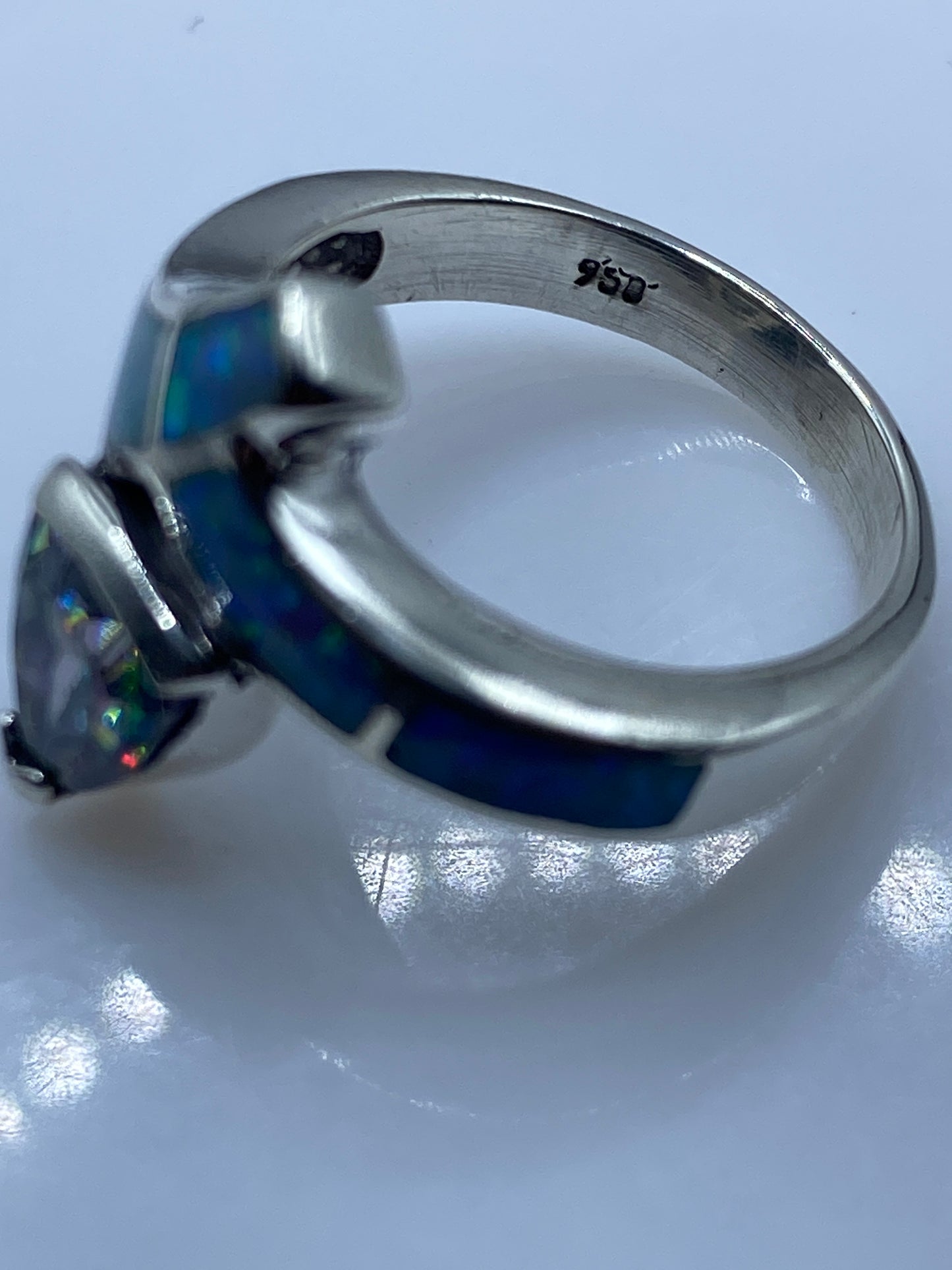 Anillo Plata .950 Ópalo de Fuego Azul Cielo — Diseño Geométrico — foto 5